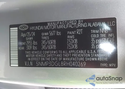 2024 Hyundai Santa Fe Xrt from USA, damaged, VIN 5NMP3DGL8RH040269